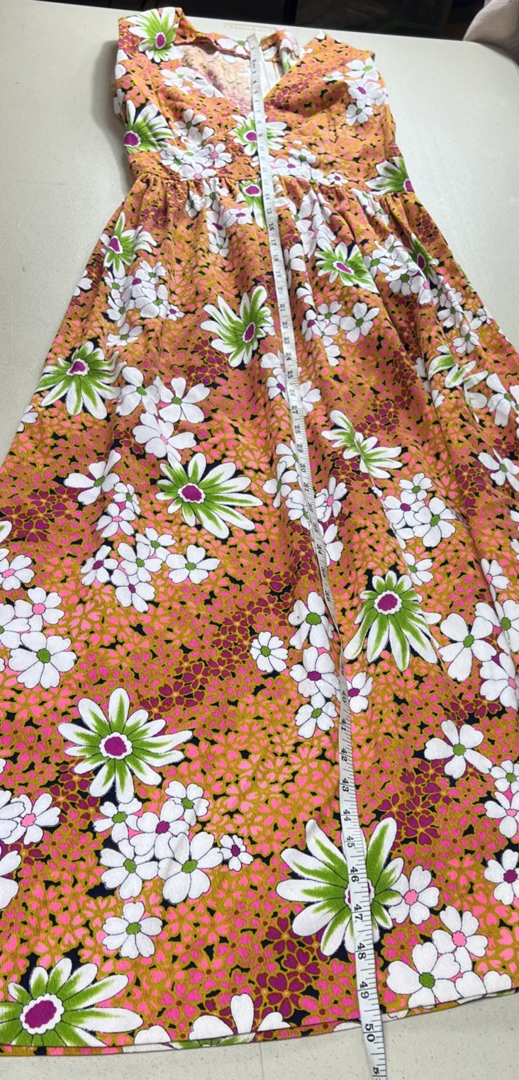 Vintage 1960s Cheerful Cotton Floral USA Print Maxi Dress Retro Women’s S