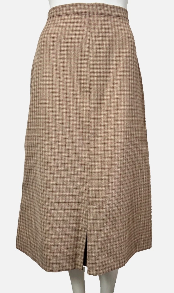 60s-70s Plaid Vest Top Skirt Set Size Small Career Guild Vintage Midi Brown Red