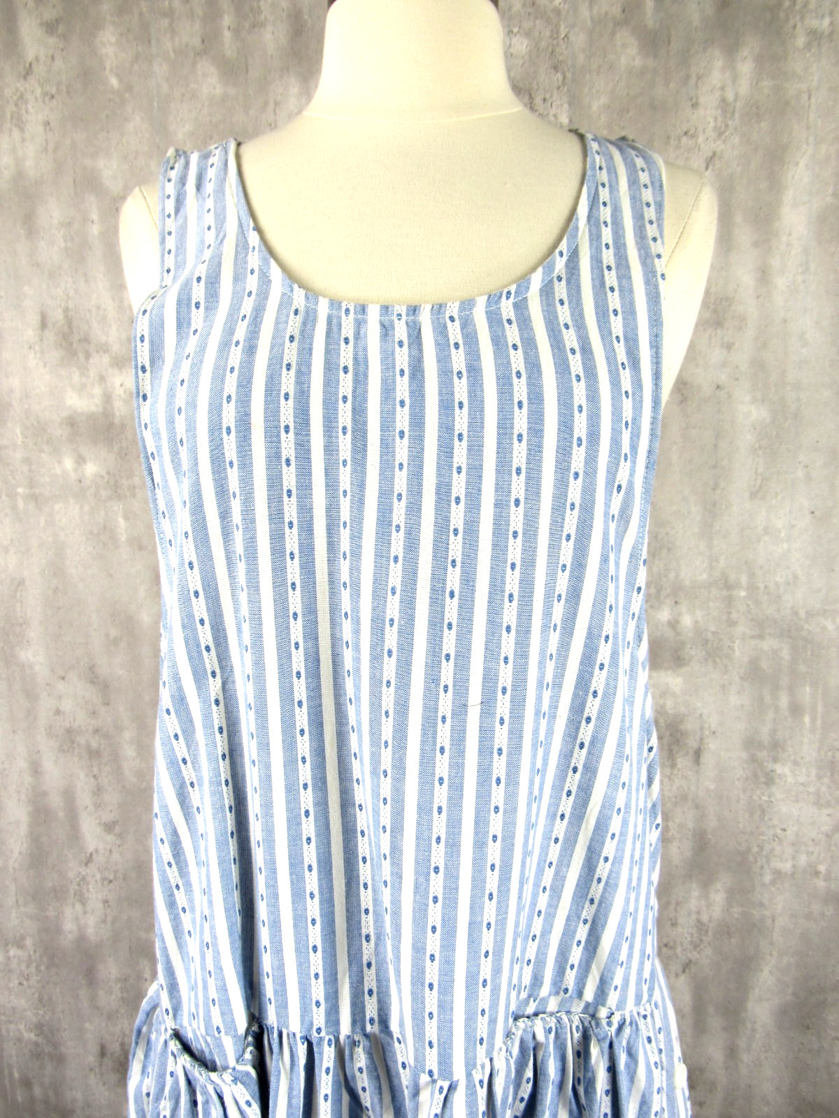 Vintage 80s Blue White Striped Cotton Pinafore Tea Dress Cottagecore NEW Large