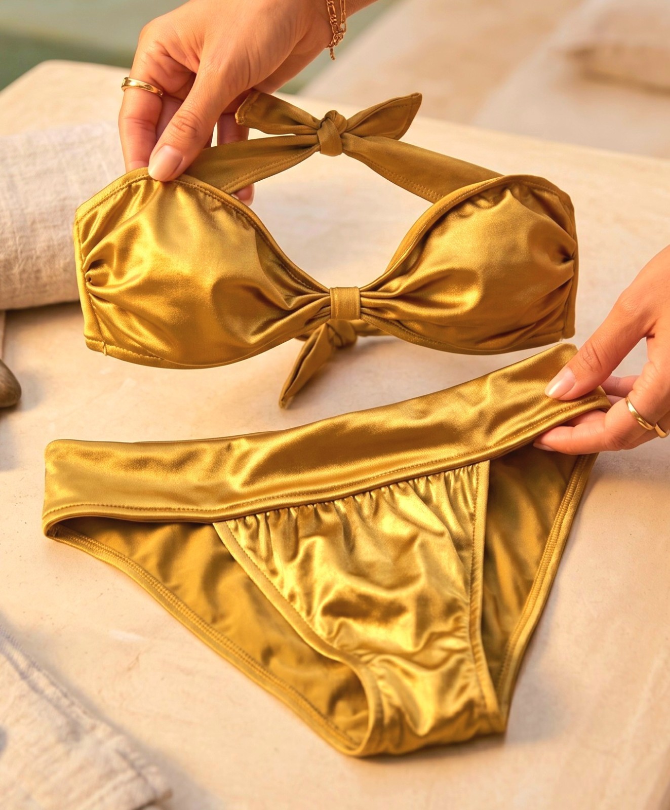 Vtg NORMA KAMALI 1980s 80s GOLD LAME’ Bikini Swim BATHING SUIT XS 32″ bust