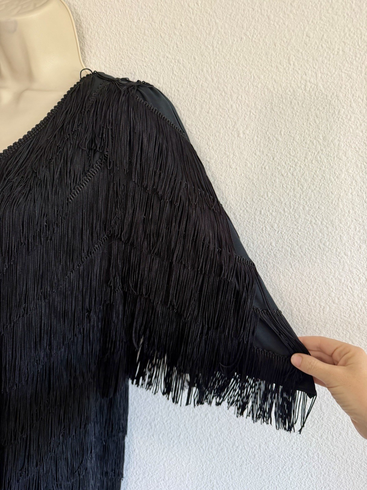 Vintage 80s Fully Fringe Dress Black Sz XL Flapper Knee Length Art Deco Cocktail