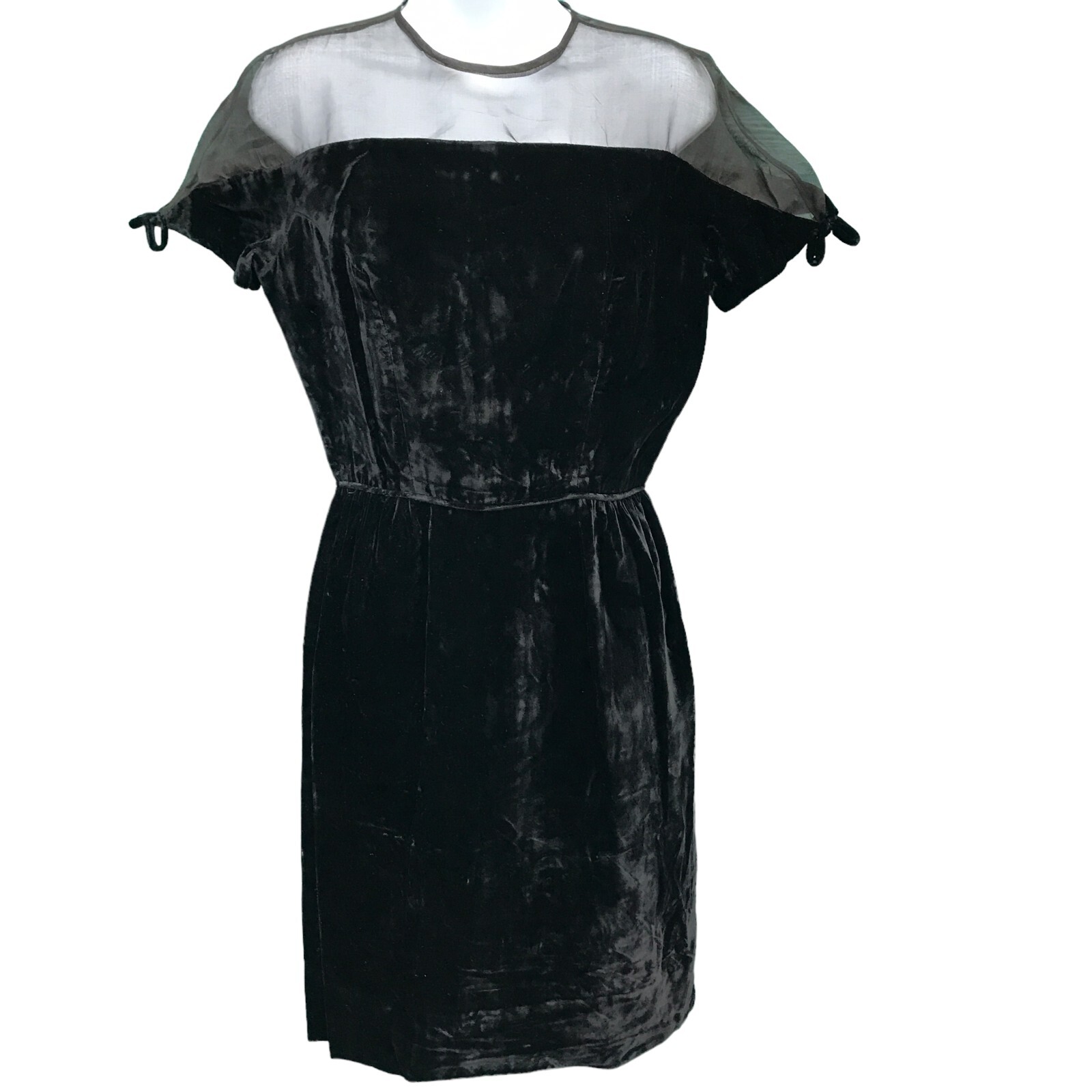 Vintage Black Velvet Sheer Top Dress Sz Small 60s Cocktail Wiggle Pencil