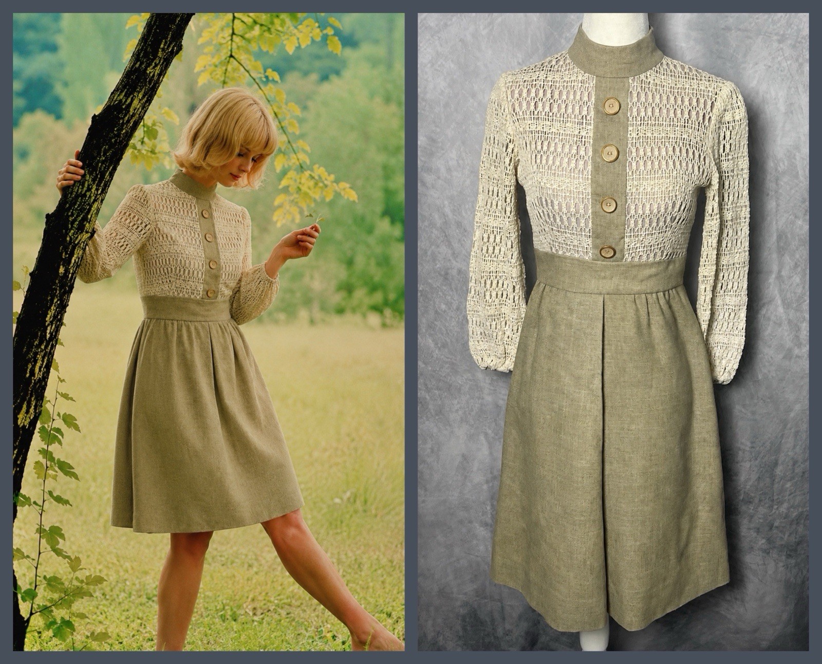 Vintage 1960s Saks Fifth Avenue Crochet Beige Linen A-Line Dress Sheer Sleeves S