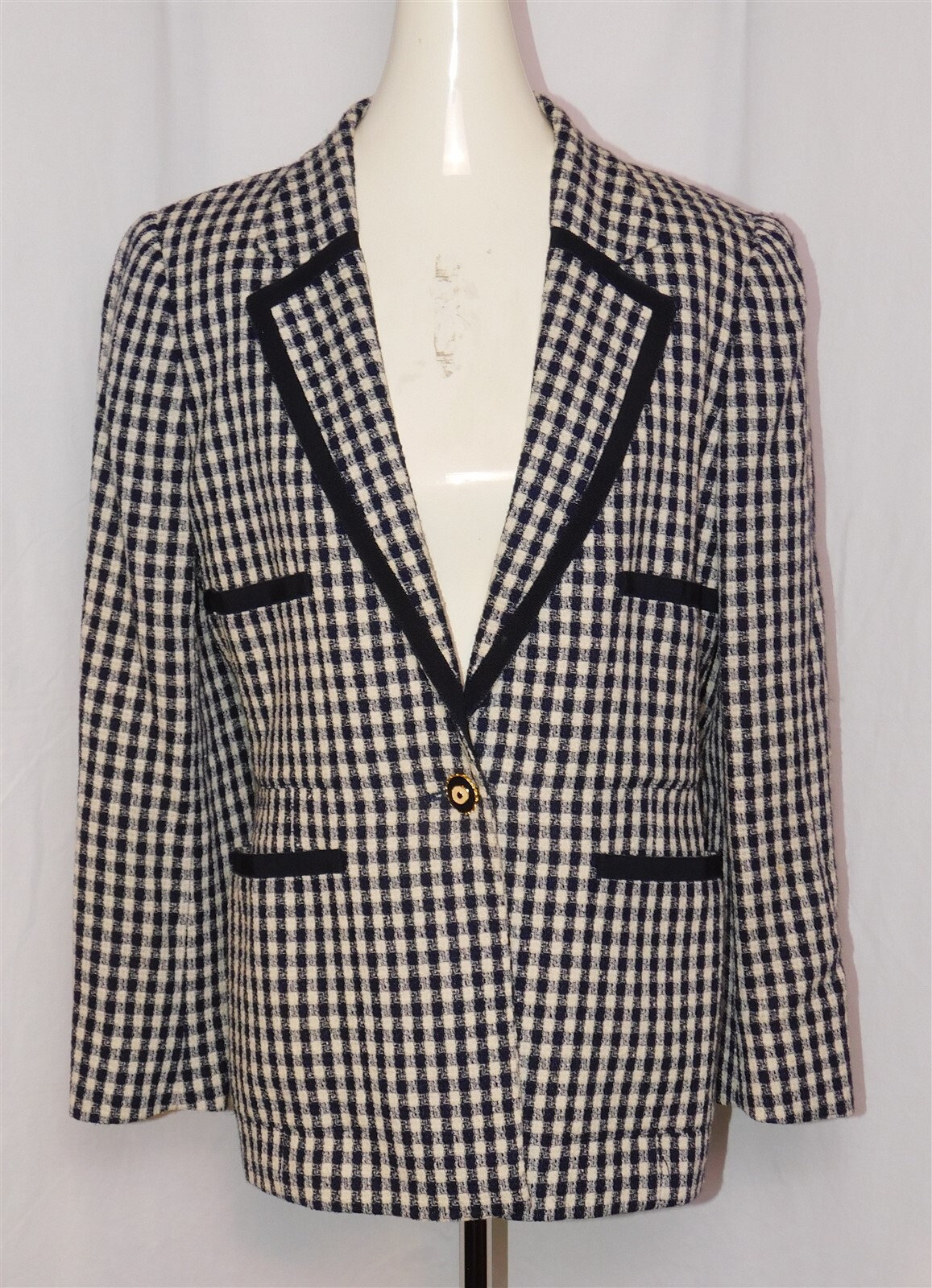 Vtg UNGARO Solo Donna Made In Italy Gingham Black Wool Blend Blazer Jacket 44 10