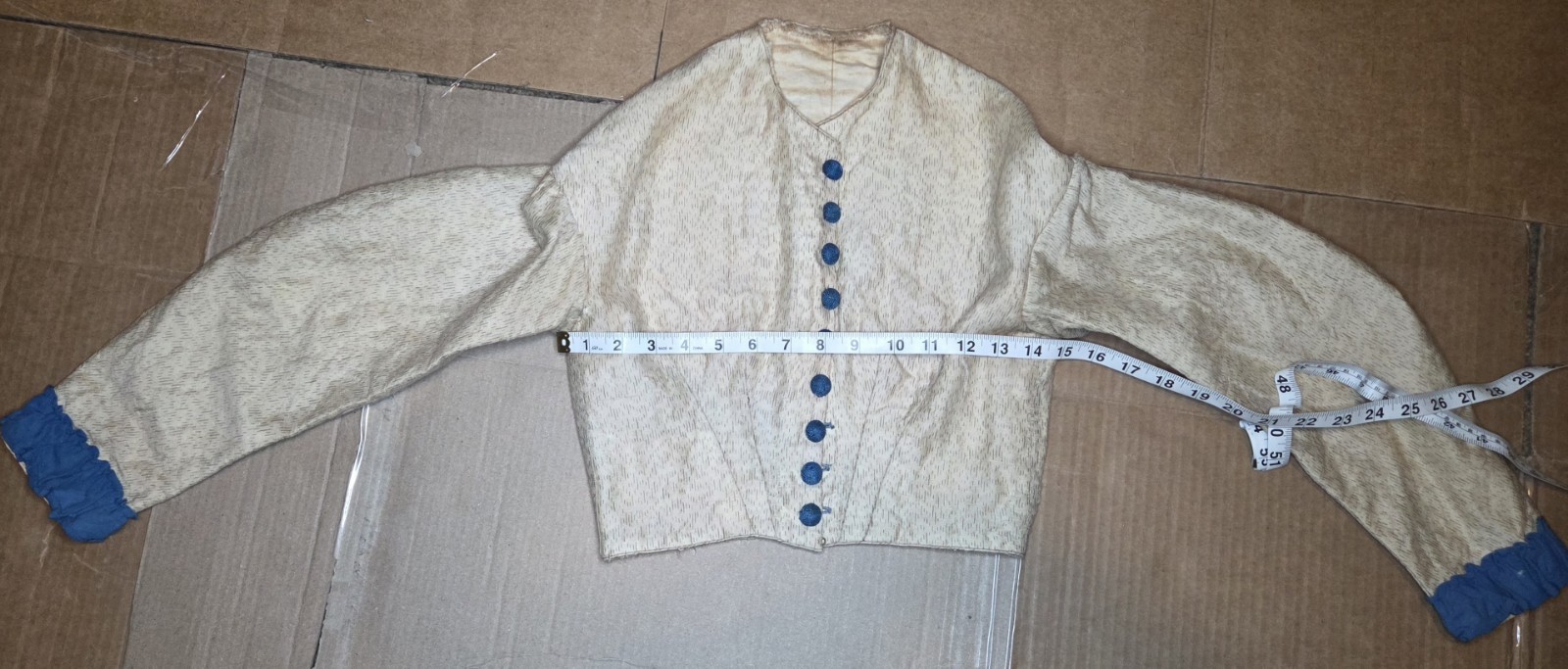 1850s Victorian 4pc Beige/Teal Cotton Blend Visiting Dress w/ Peplum & Lace Belt