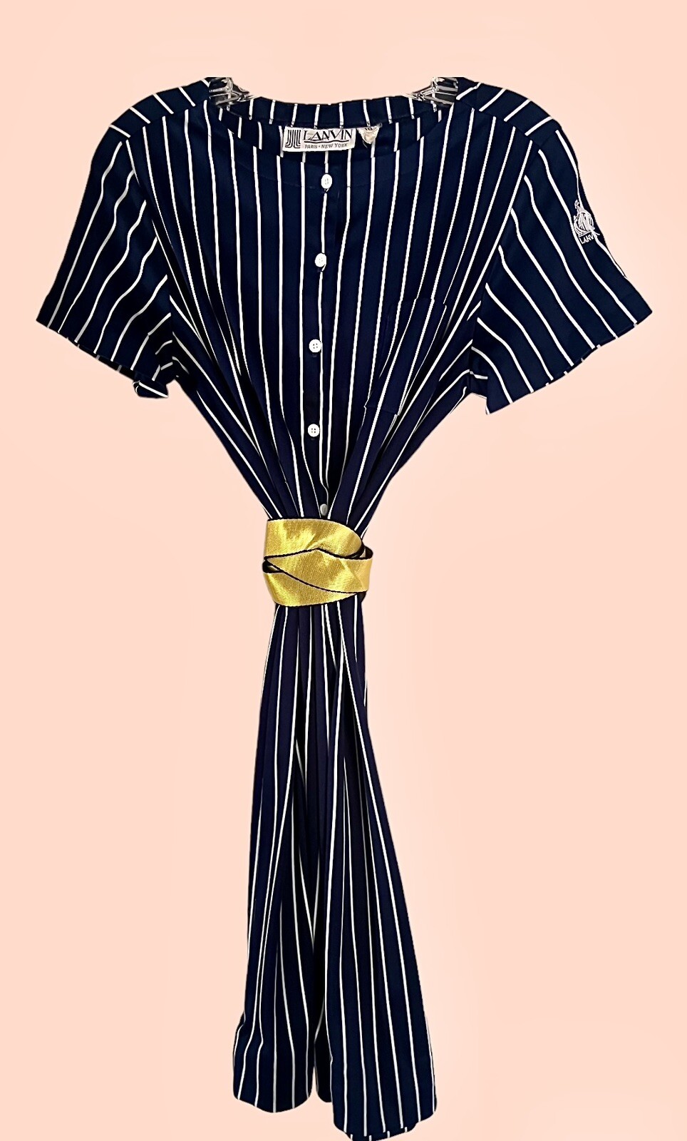 Vintage LANVIN 1970s Poly Knit French Designer Embroidered Logo Day Dress L 16