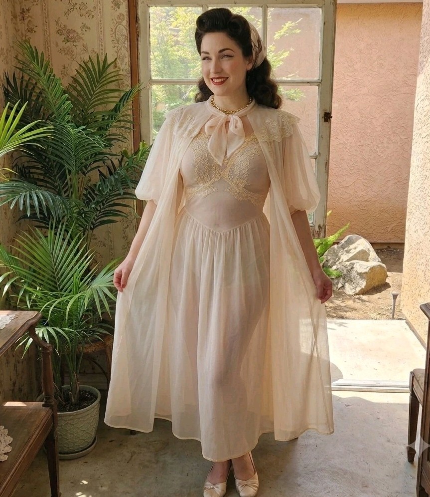VTG 1950s Vanity Fair Swing Peignoir Set Sheer Chiffon Lace Nightgown Robe Nylon