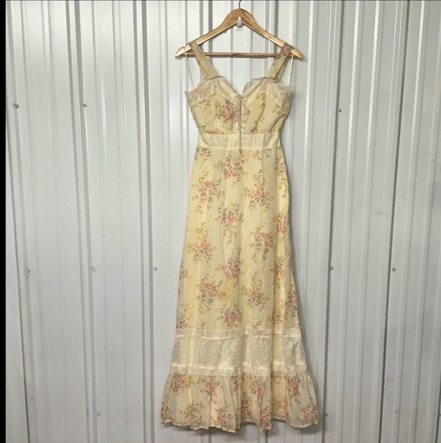 Vintage Floral Cottagecore Lace Trim Prairie Maxi Dress Women XS