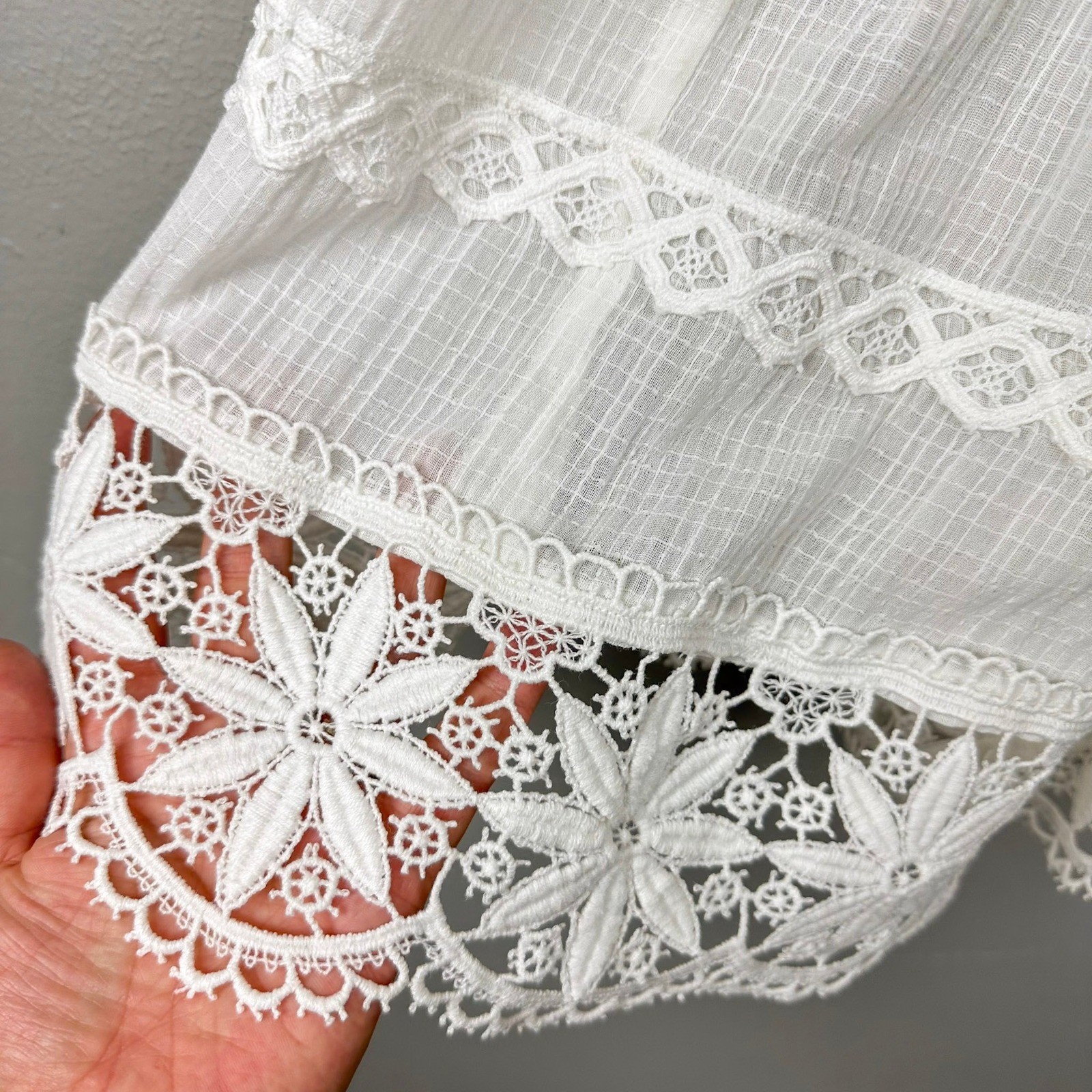 Vintage Handmade Lace Midi Skirt Womens L Ivory Crochet Tiered Prairie Bohemian