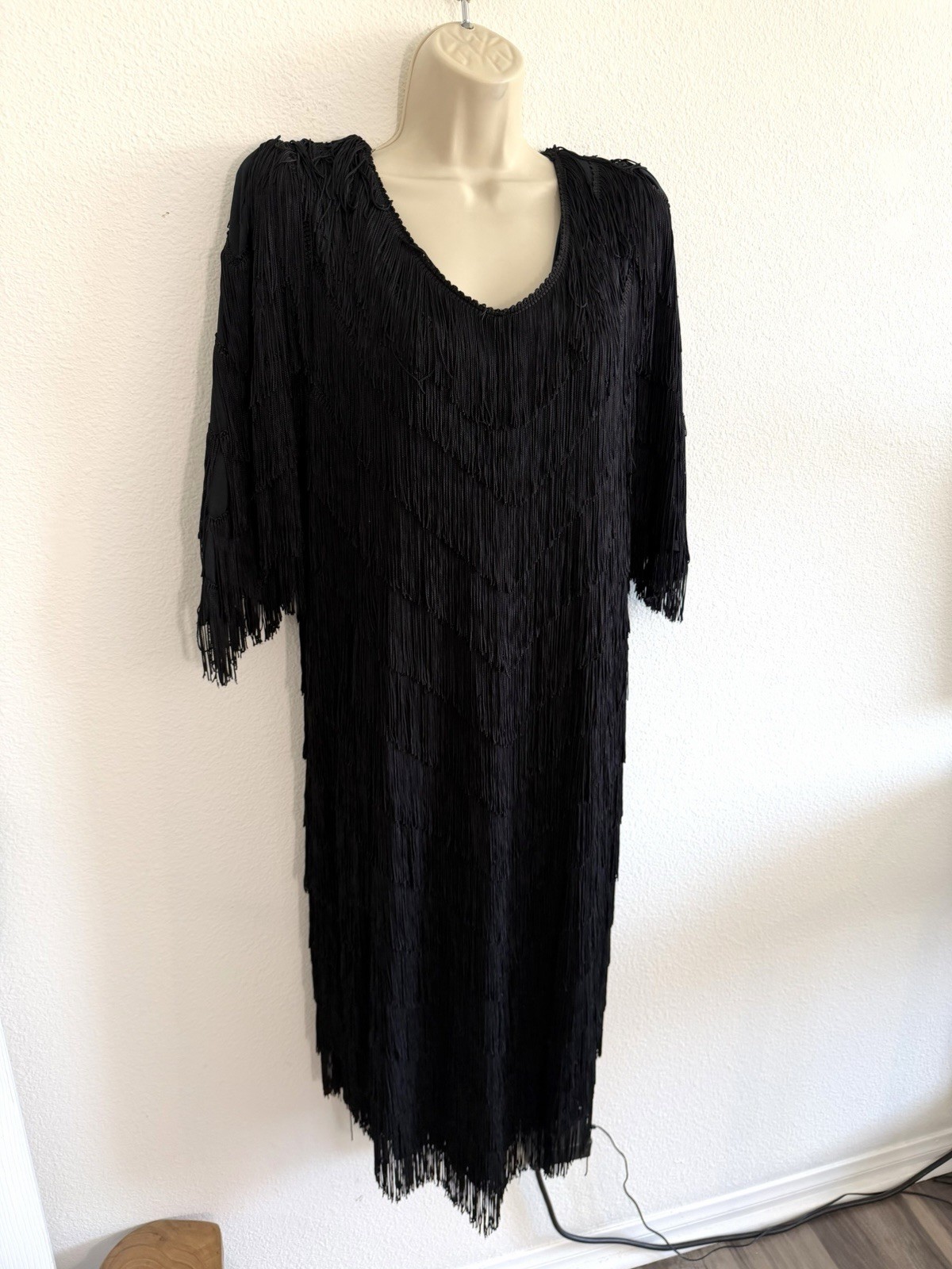 Vintage 80s Fully Fringe Dress Black Sz XL Flapper Knee Length Art Deco Cocktail
