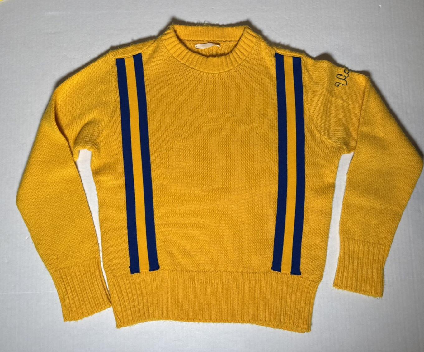 Vintage Woman Medium Yellow Blue Cheer Sweater Acrylic Vicky Med Large