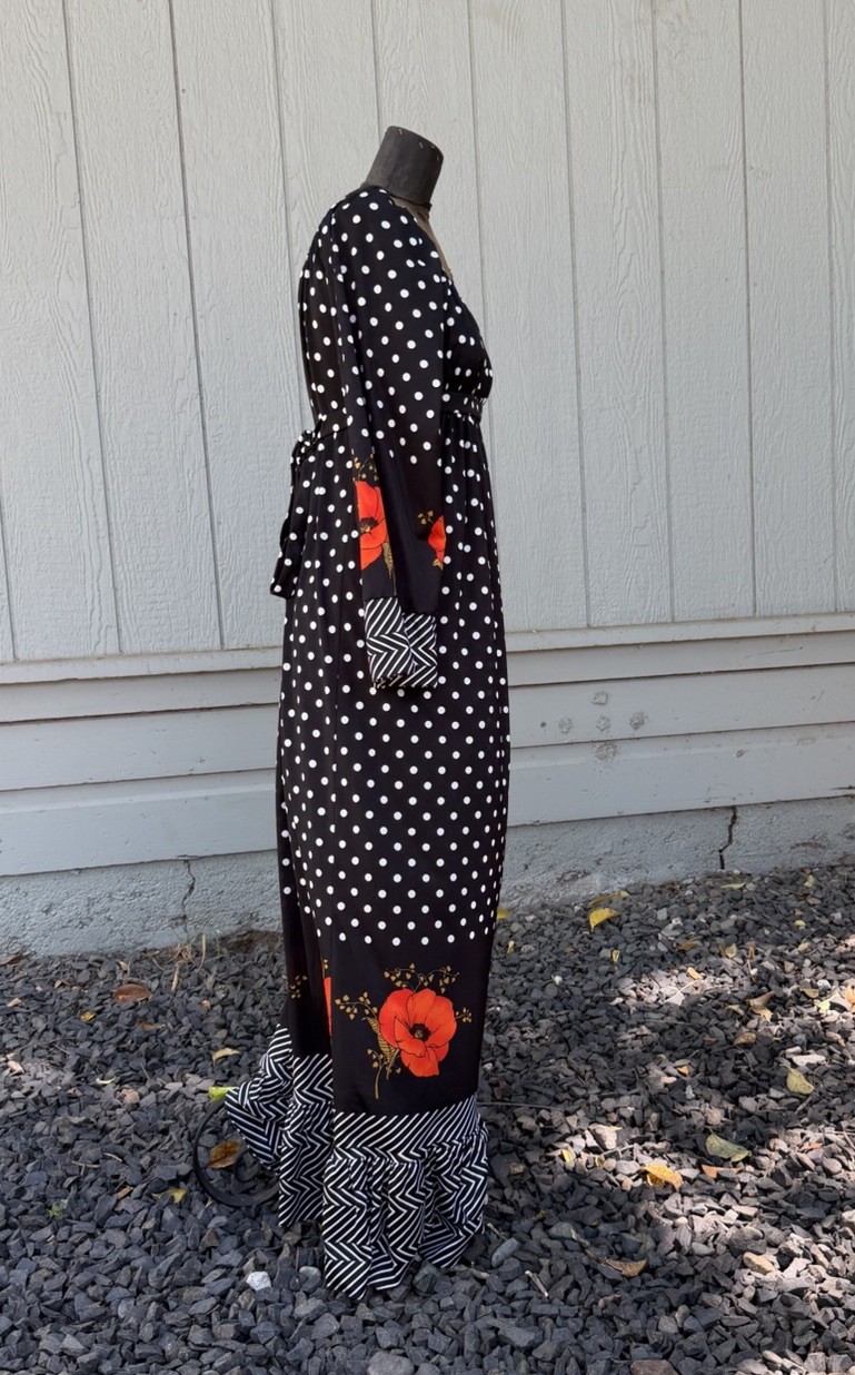 Vintage 70s Black Polka Dot Poppy Maxi Dress Boho Prairie Hippie California L