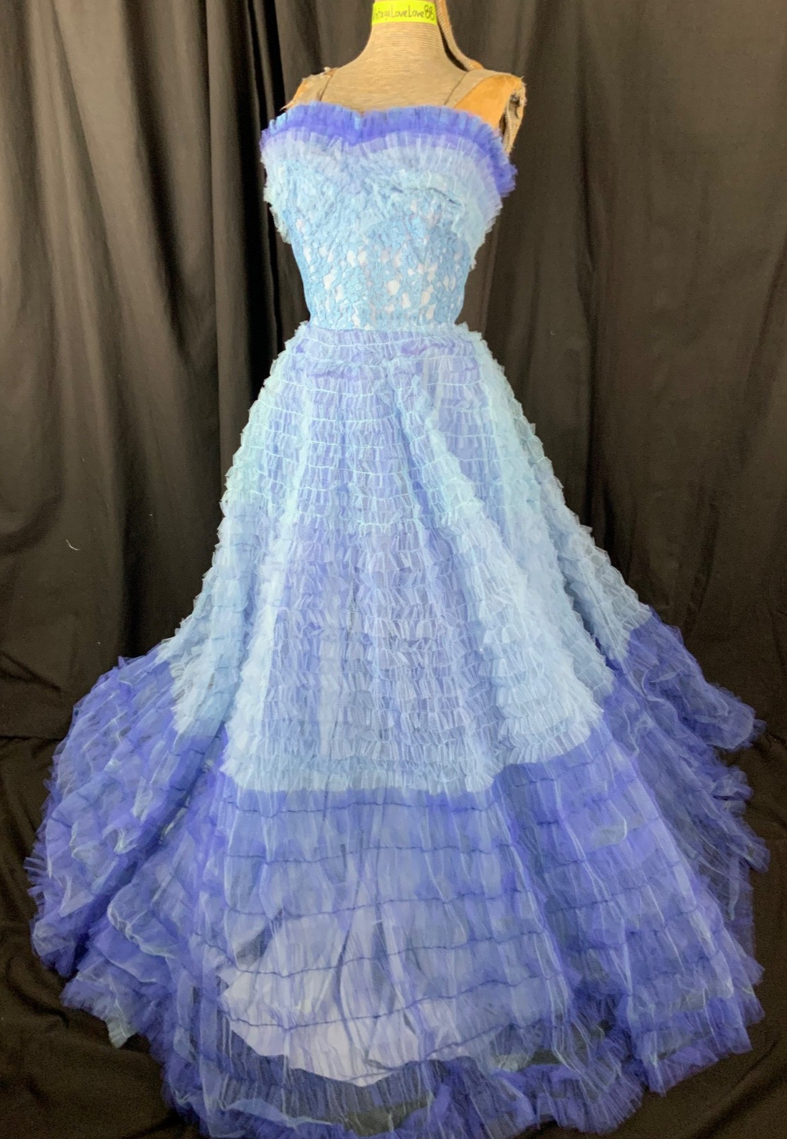 Vtg 50s Ombré Blue Ruffle Lace Strapless Party Ball Gown Dress-Bust 30/2XS