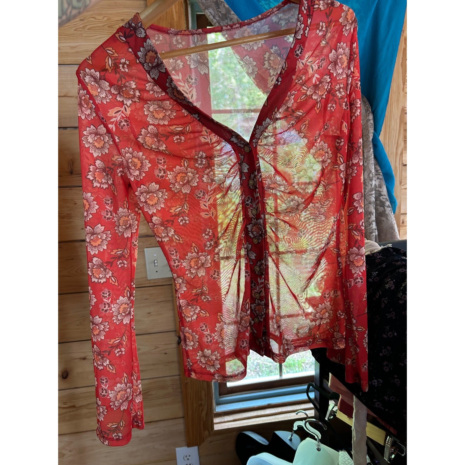 Vintage Sheer Mesh Blouse Women Large Red Floral Ruched Retro Mod 60s Hippie 90s