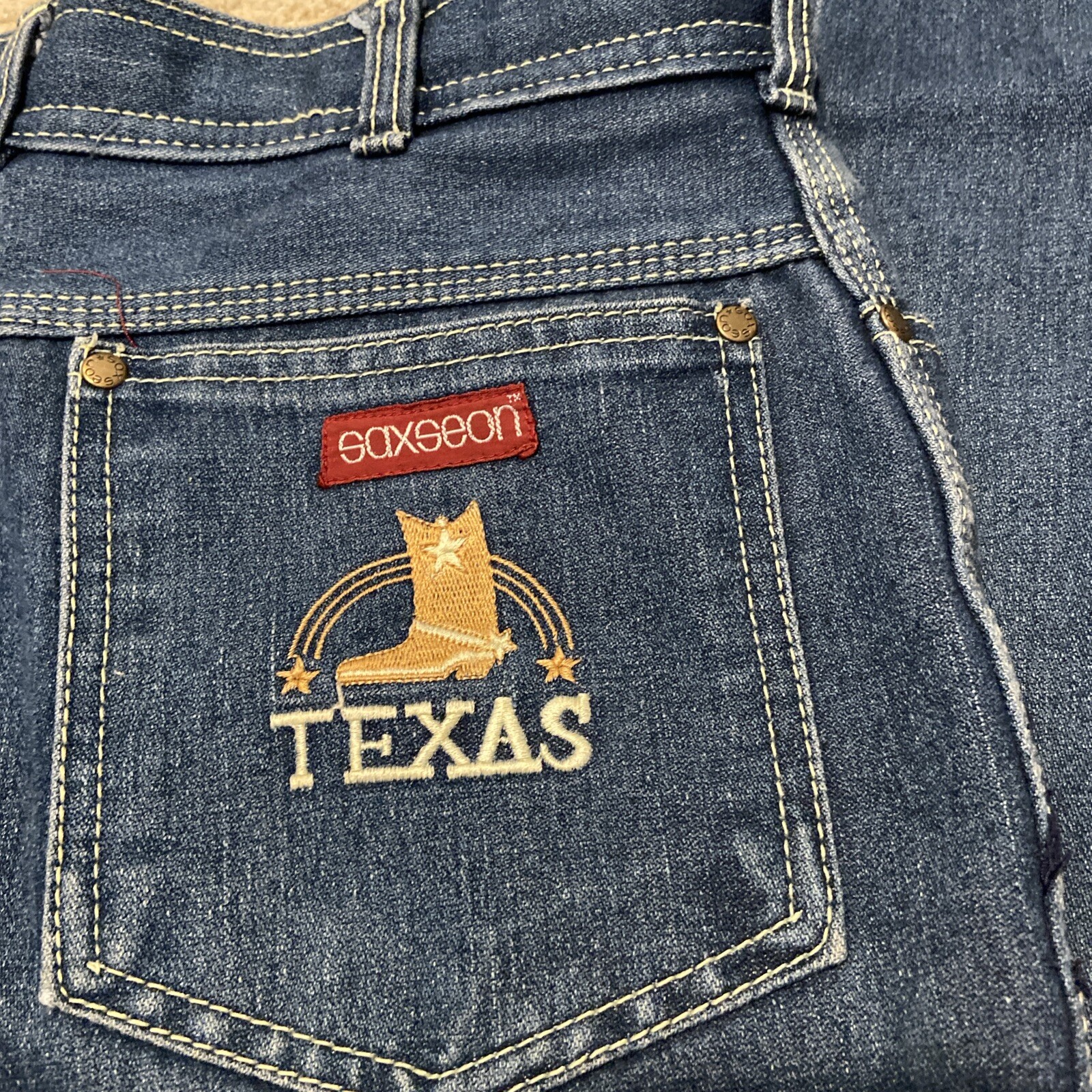 VINTAGE Saxseon Denim Patch High Rise Jeans Dallas Texas Women’s Sz 13 Western