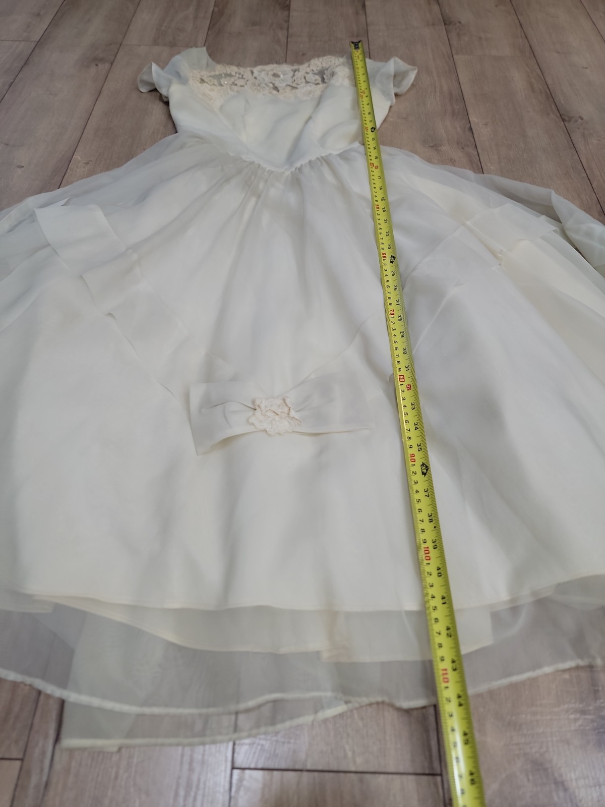 Vtg 50s Wedding Dress Ivory Organza Full Skirt Cocktail Scarf pinup Bridal/As Is