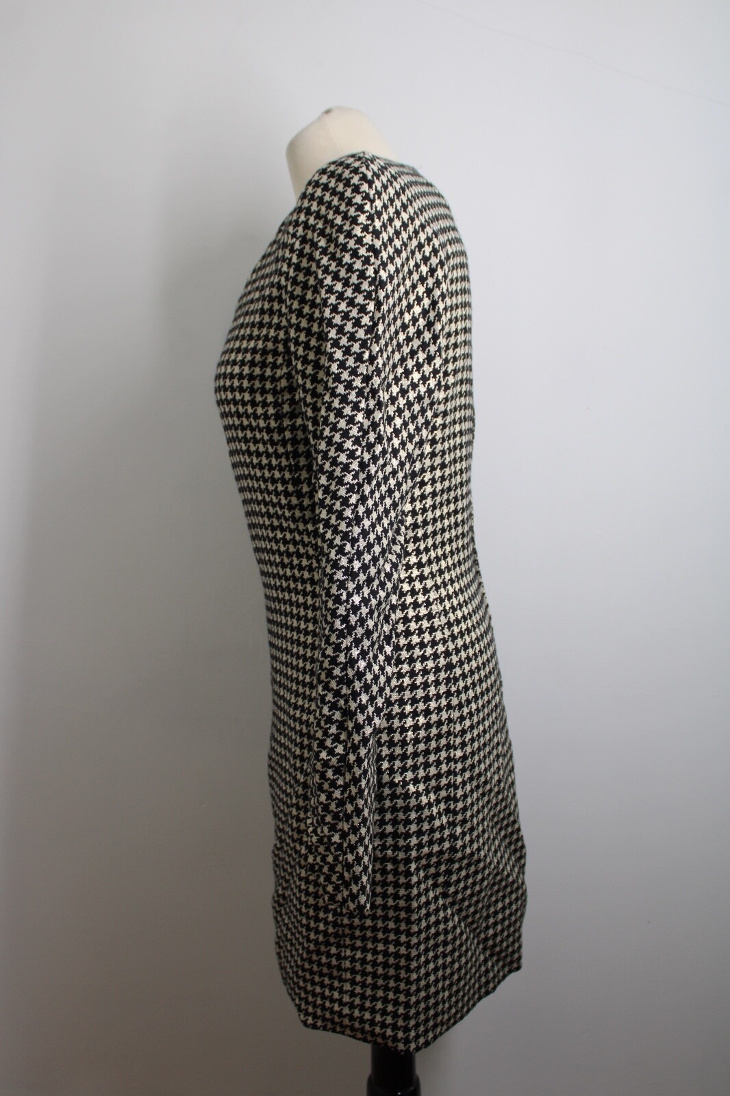 Vtg Mila Schon 42 Gold Black Long Sleeve Sheath Dress Cotton Wool 36″ Bust