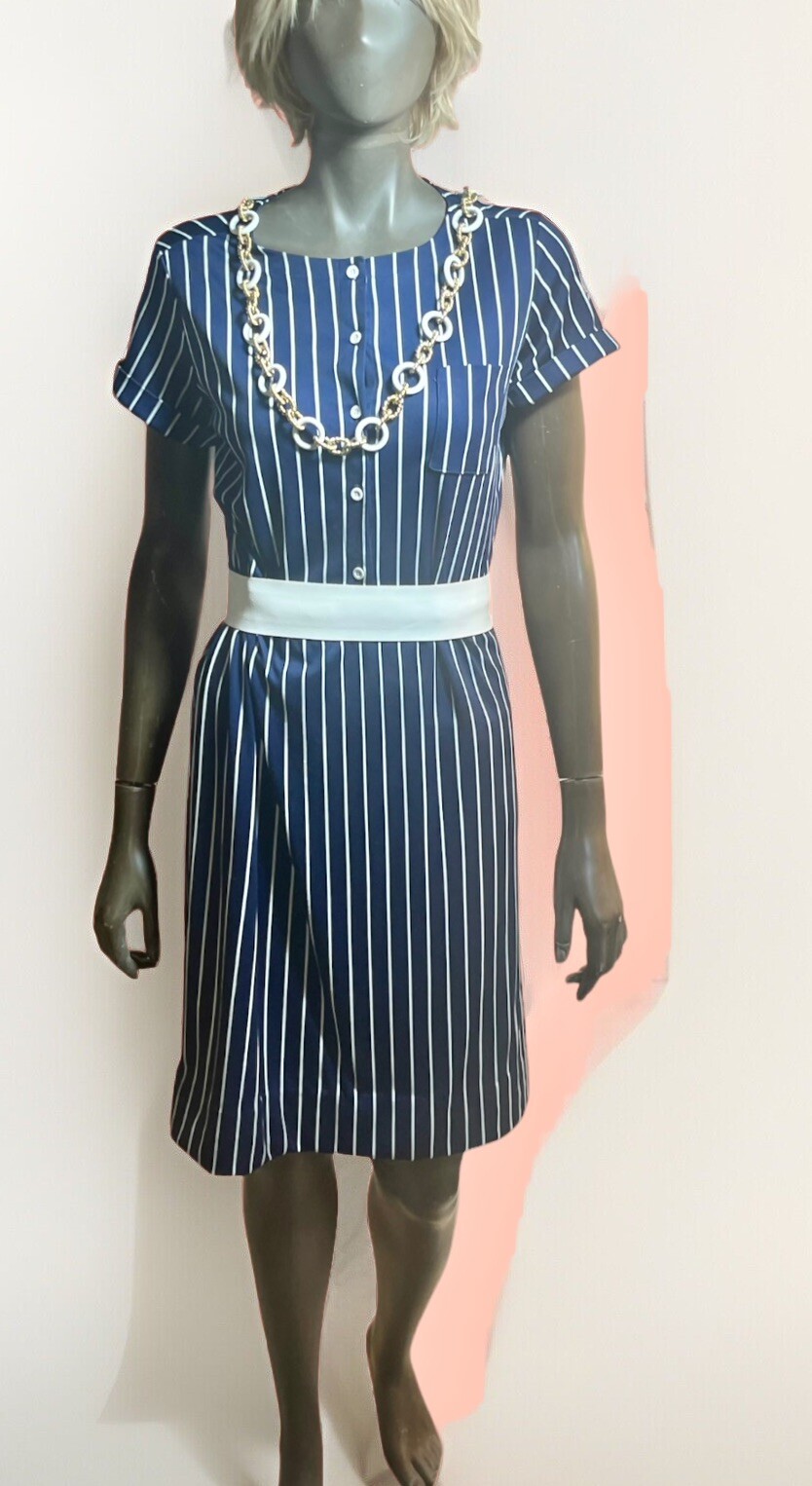 Vintage LANVIN 1970s Poly Knit French Designer Embroidered Logo Day Dress L 16