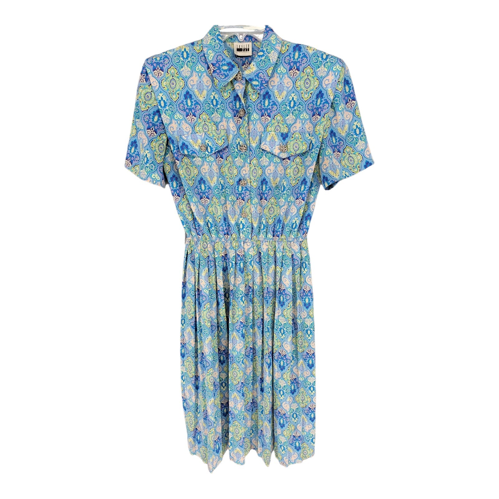 Leslie Fay Womens Dress14 Midi Everyday Blue Medallion Housewife Vintage
