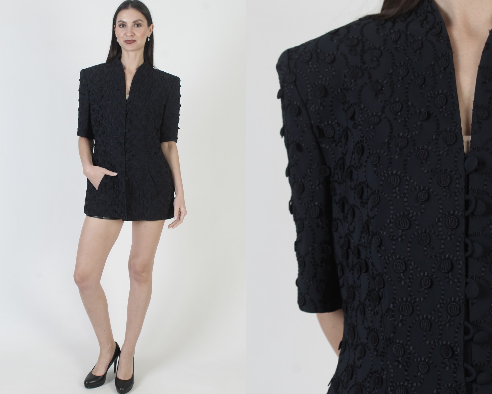 Vtg Escada Couture Jacket Navy Silk Designer Button Up Blazer Coat W/ Pockets 42