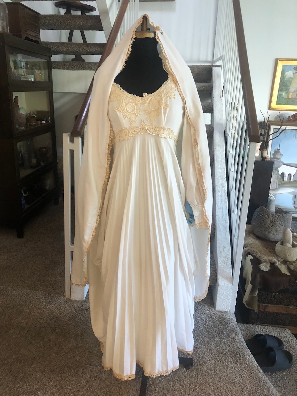 Vtg 70s Edwardian Wedding Dress S 6 Poet Sleeves Train Ivory Lace Gunne Style