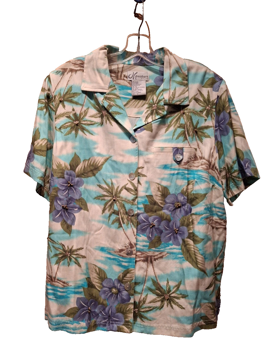 Vintage 80s Top Fit XL Hawaiian Floral Print Shirt Heavy Rayon Beaded Dress Barn
