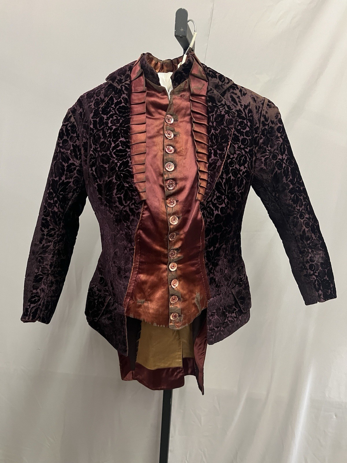 1880’s Burgundy Figured Velvet & Merlo Silk Satin Bodice