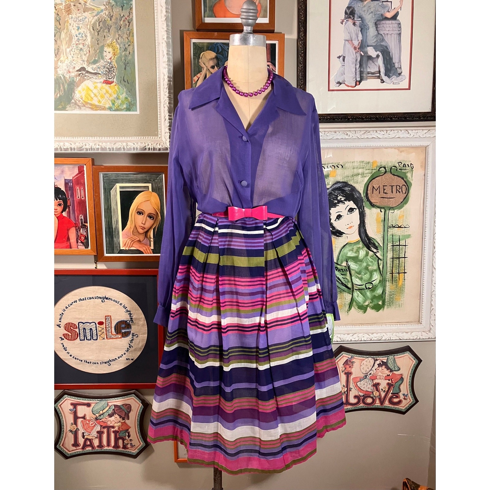 1970s Lilac Stripe Sheer Blouson Dress V-Neck Pleated Knee Length Whimsygoth