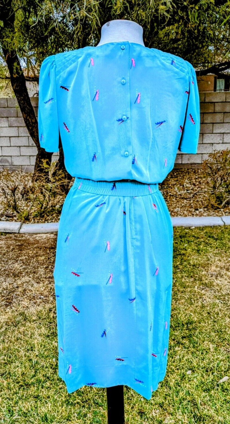 1980s VTG Petites for Maggy Sz4p Aqua Memphis Geometric Midi Korea Dress GUC