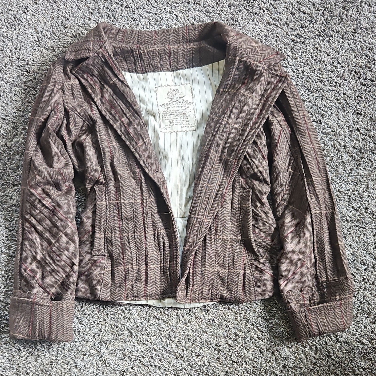 Nick and Mo Vintage Brown Red Wool Blend Jacket Large Herringbone Pattern