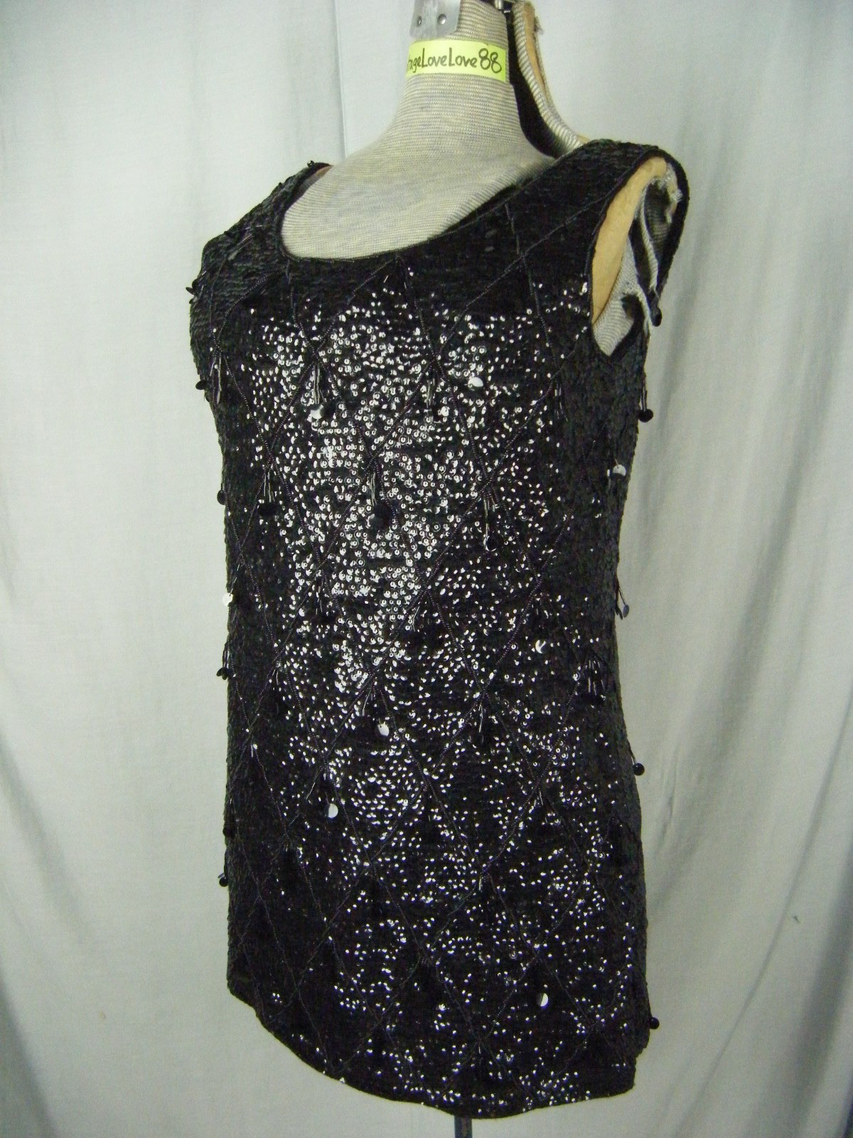 Vtg 60s Heavy Sequin Fringe Beaded Wool Black Tunic Mini Dress-Bust 34-38/2XS-XS