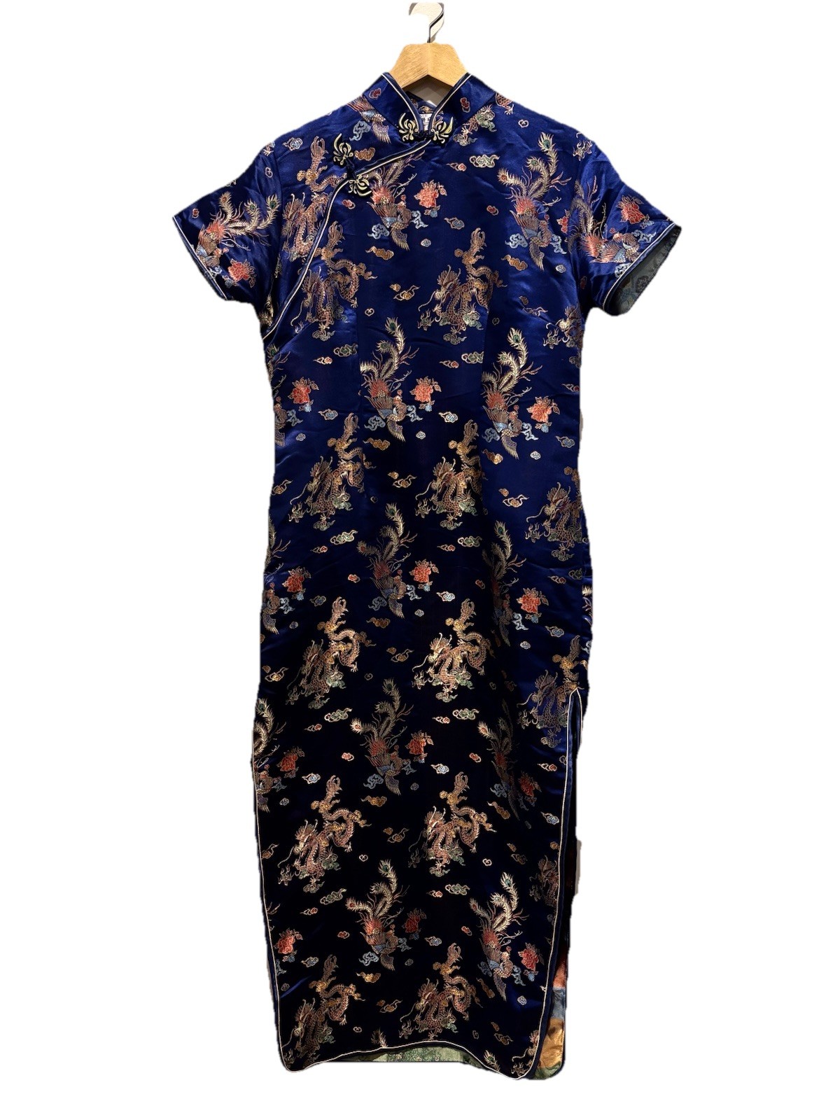 Silk Brocade Dragons SMR Dress Womens 10 US 40 EU Costume Vintage Side Slit Blue