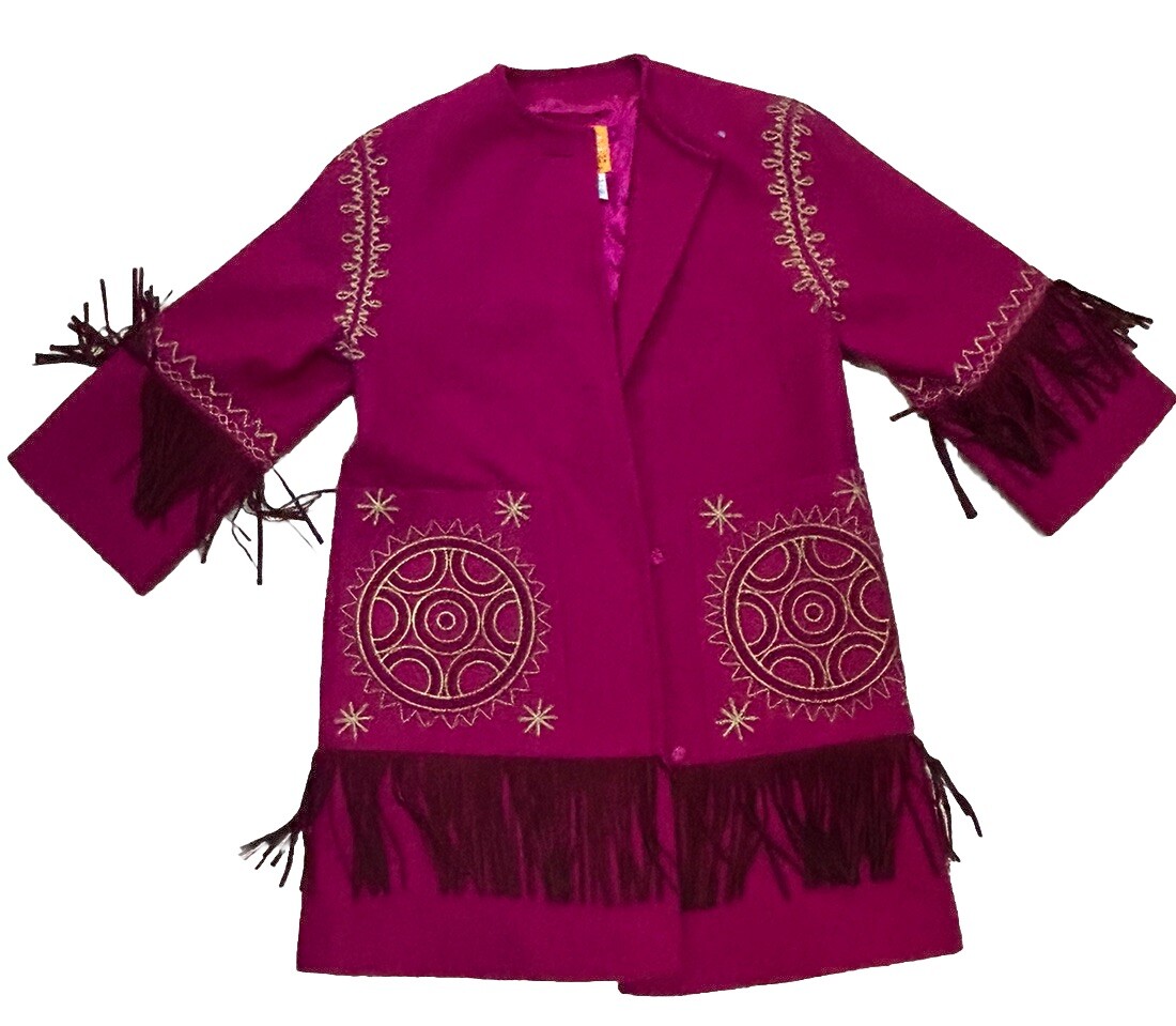 Vintage Christian Lacroix Pret-A-Porter Pink Suede Fringe Cashmere Wool Coat Sm