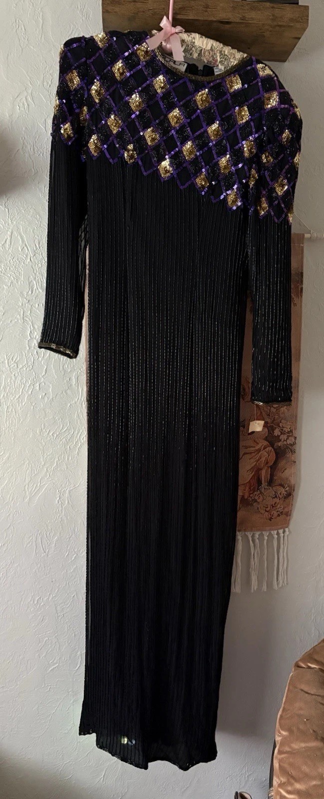 SCALA Vintage Silk black beaded Maxi Dress size medium