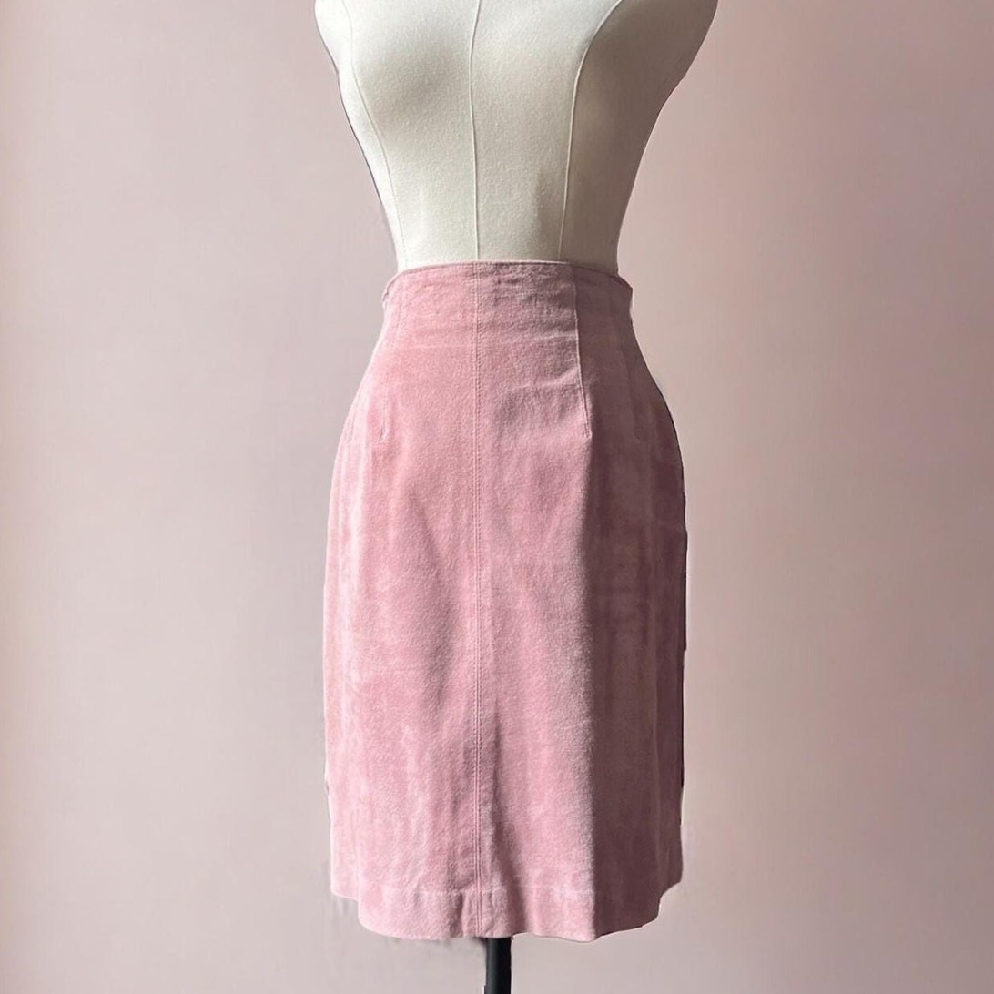 Vintage 90s Suede Mini Skirt | Baby Pink High Waisted Bias Cut | XS 24″