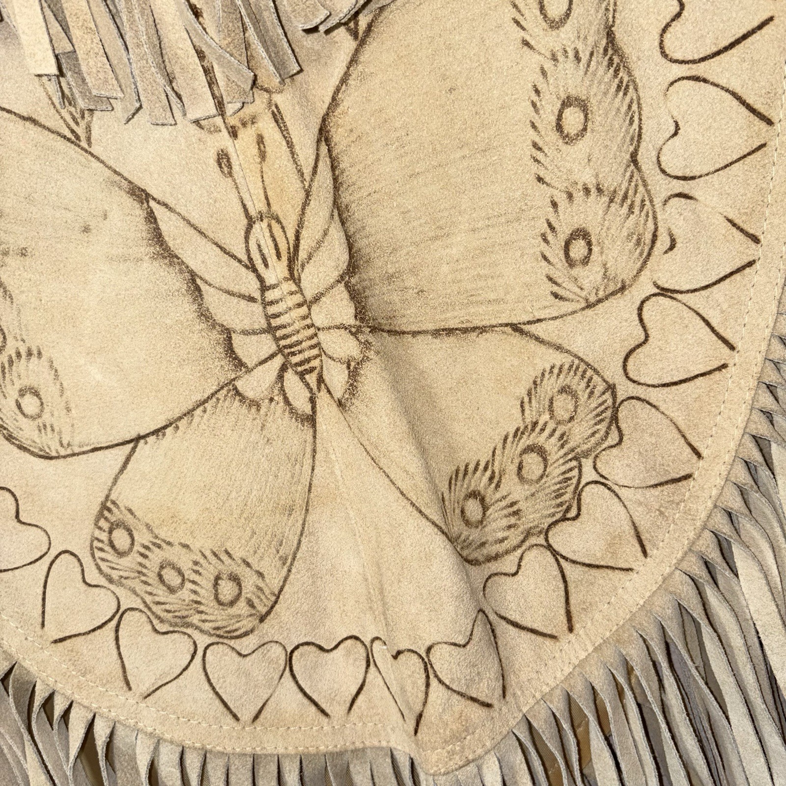 Vintage 70s Poncho Tan Suede Leather Fringe Floral Butterfly Boho Western Folk
