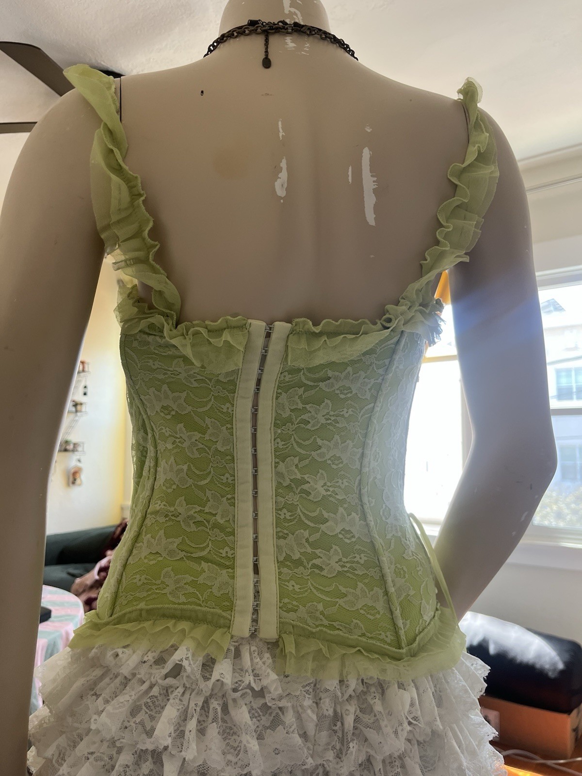 RARE vintage couture green lace corset top with ruffles and sequins