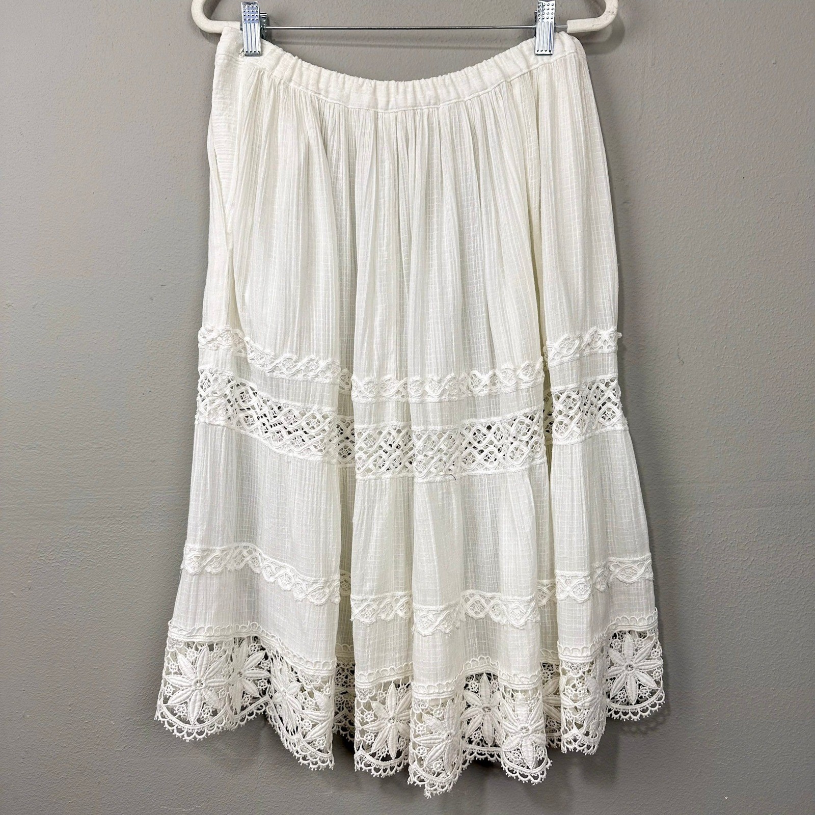 Vintage Handmade Lace Midi Skirt Womens L Ivory Crochet Tiered Prairie Bohemian