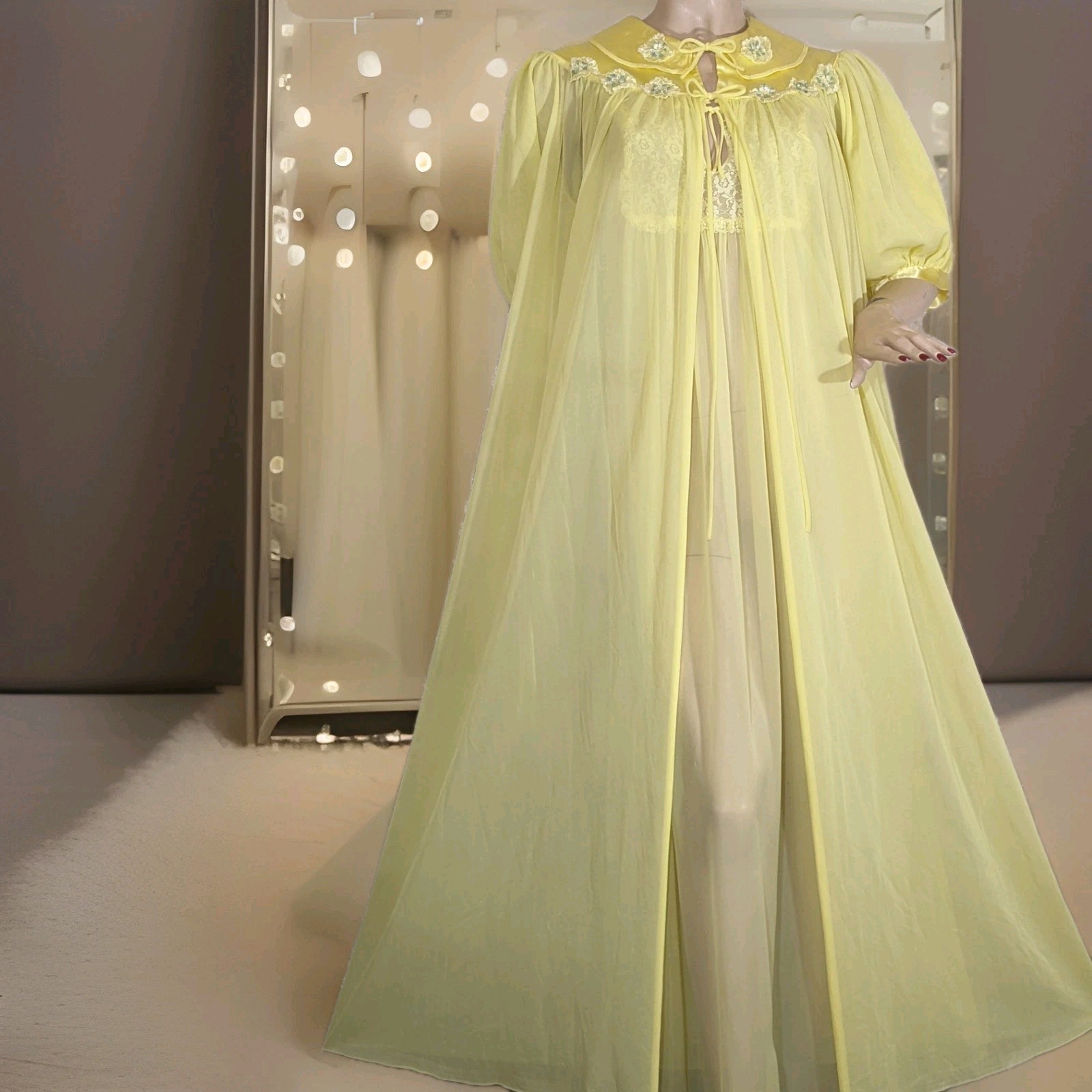 Vintage Yellow GMC Sheer Chiffon Peignoir Robe and Nightgown Blended SET M