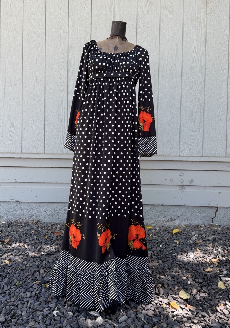 Vintage 70s Black Polka Dot Poppy Maxi Dress Boho Prairie Hippie California L