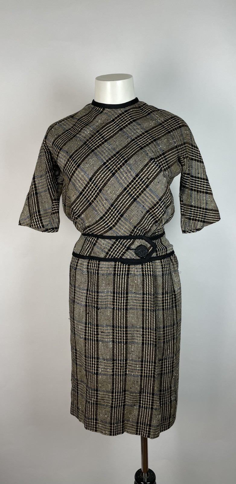 Vintage 50s HOWARD WOLF Belted Plaid Dress Silk Blend 36″ Bust NEEDS ZIPPER SZ 9