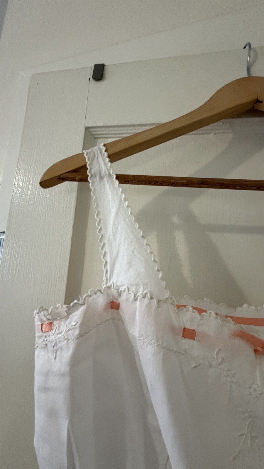 Antique 1900s White Cotton Camisole / Chemise CrochetLace & Pink Ribbon