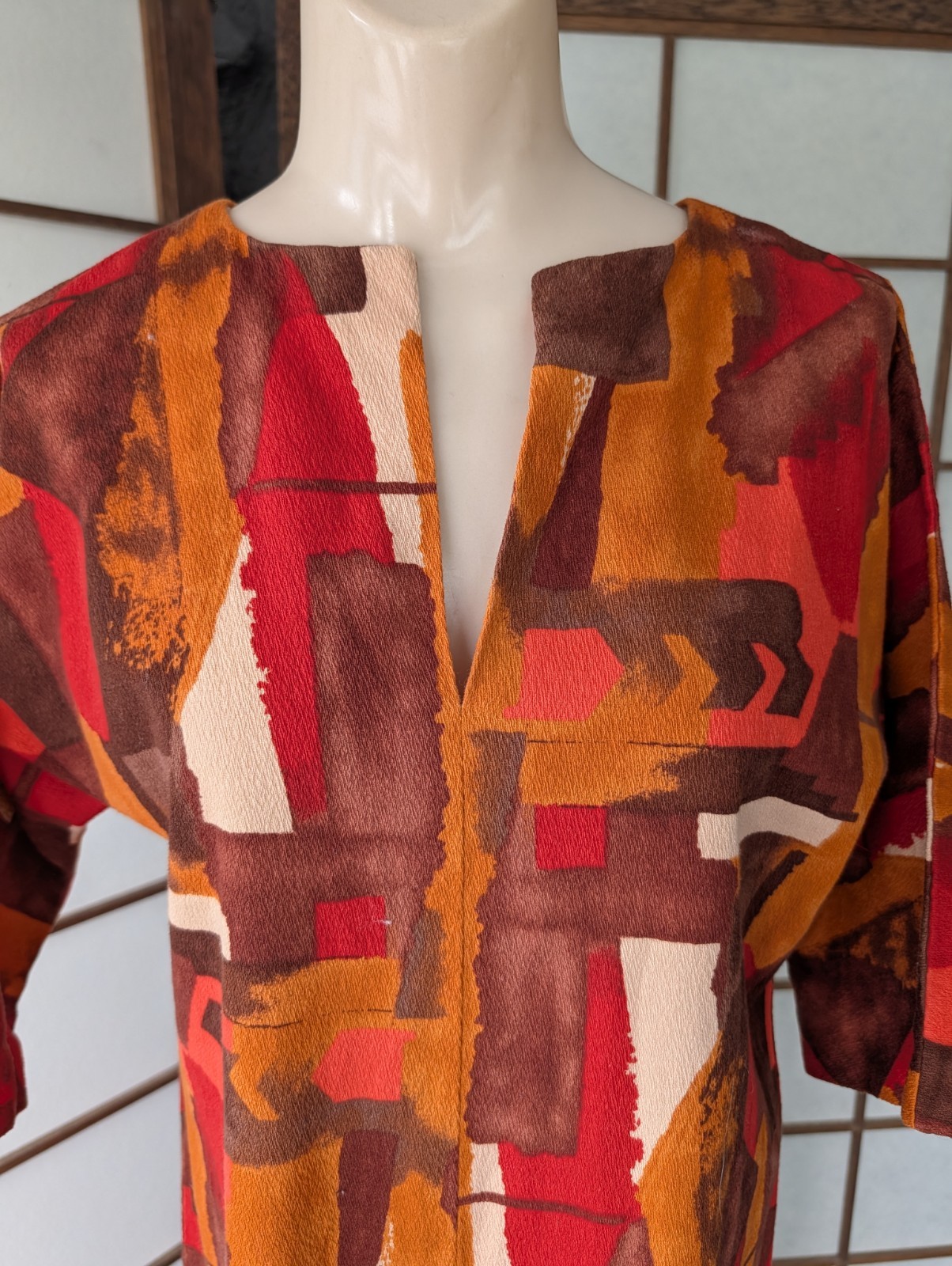Vtg 70s Bark Cloth Caftan Dress MuuMuu Hand Made Abstract Geometric Hippie Boho