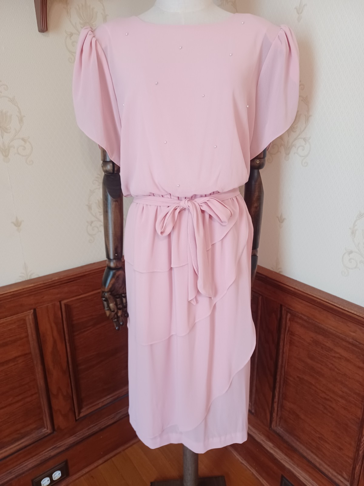 Vintage 1960s/70s Toni Todd Union-Made Pink Pearled Puff Sleeve Coquette Dress
