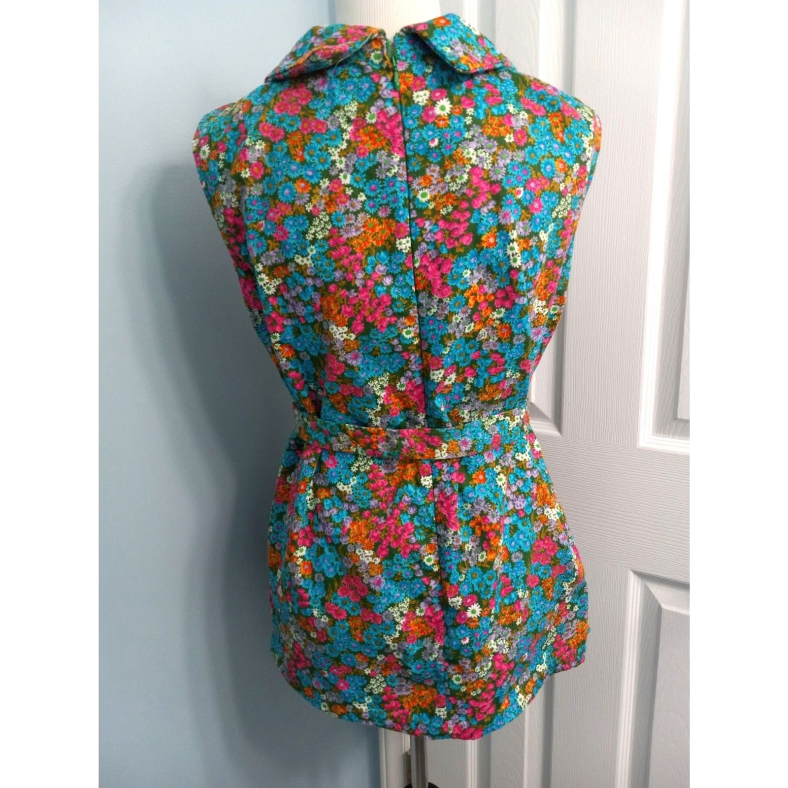 Vintage Handmade Floral Sleeveless Collared Tunic w/ Sash Belt MODERN SIZE LARGE