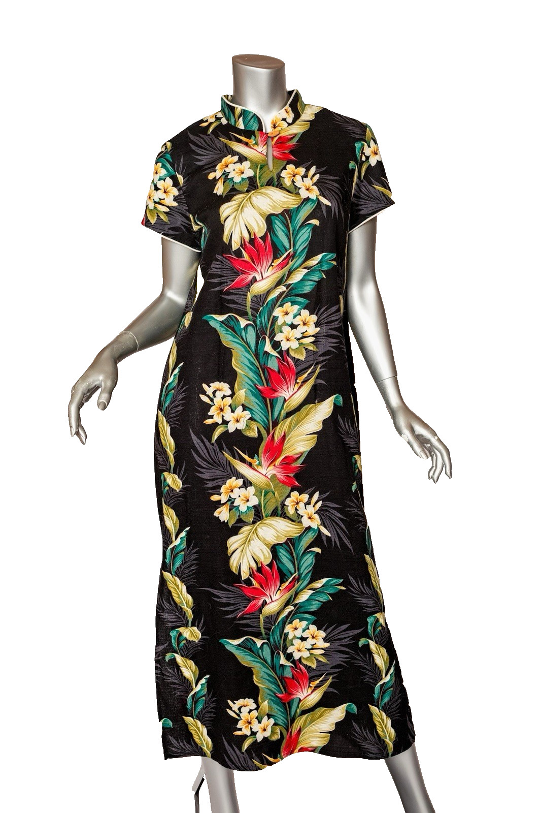 Vintage Iolani Black Barkcloth Hawaiian Dress Size M