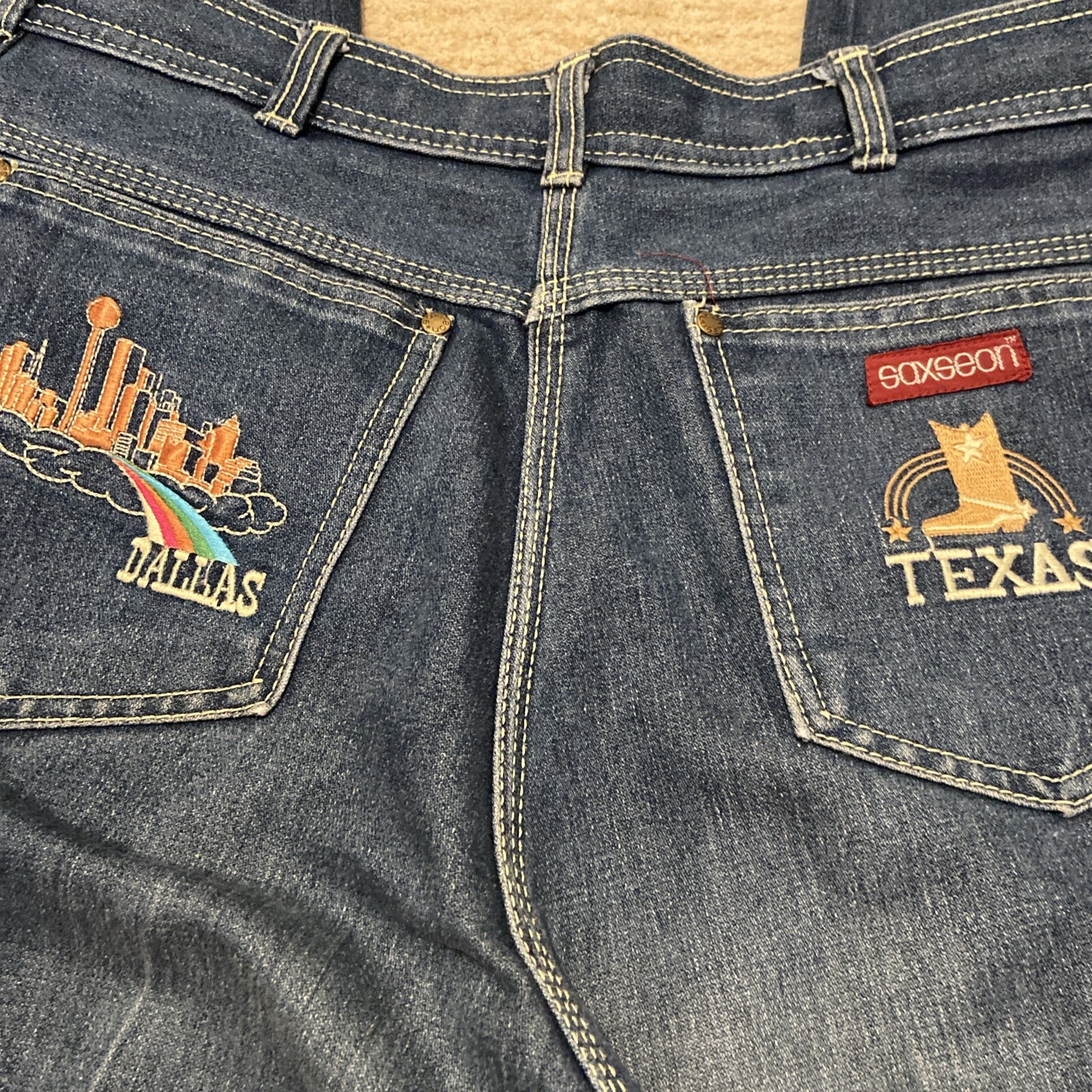 VINTAGE Saxseon Denim Patch High Rise Jeans Dallas Texas Women’s Sz 13 Western