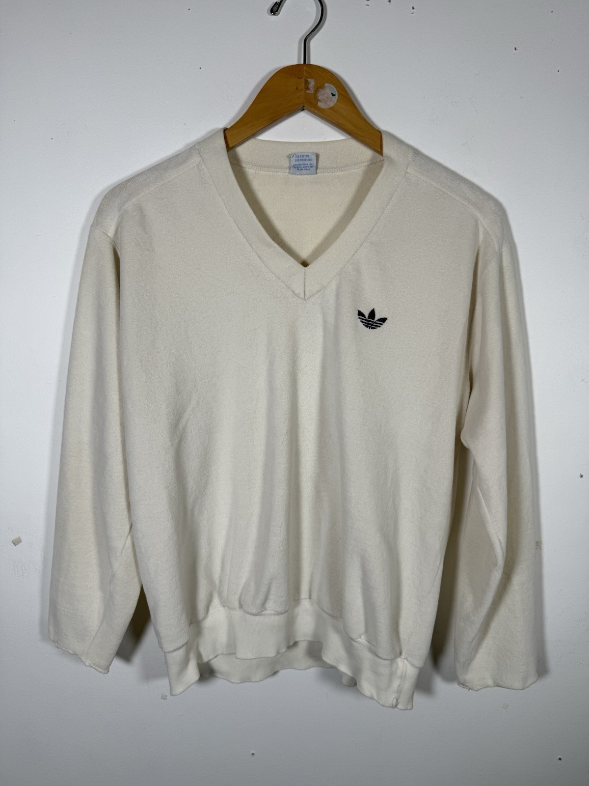Vintage Adidas 1980s sweater V neck terry cloth embroidered trefoil logo cream