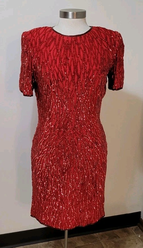 Vintage Stenay 100% Silk Sequin Dress Red Size 10 Wedding Special Occasions