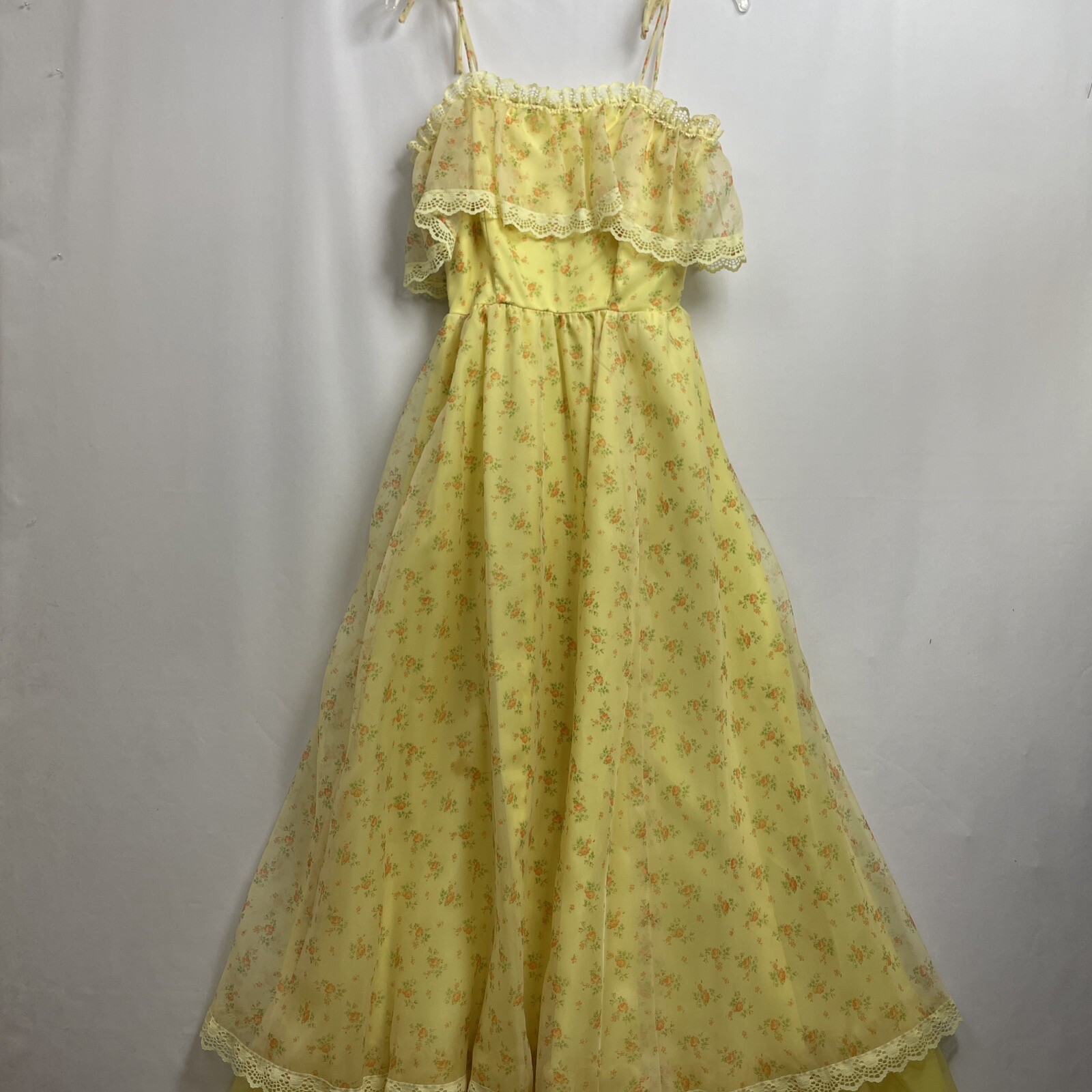 Nadine Vintage 70s Maxi Dress size 5 Yellow Ditsy Floral Cottagecore Milkmaid